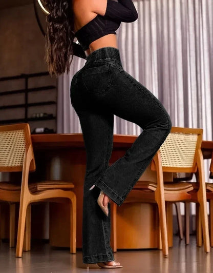 autumn winter  Elegant High Waist Button Front Casual Female Jeans Sexy  Fashion Back Shirred Trouser Bottom