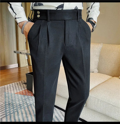 Men's Slim Fit Naples Business Casual Trousers Made of Autumn and Winter Wool, Thickened for Warmth, Classic Ankle-length Pants.