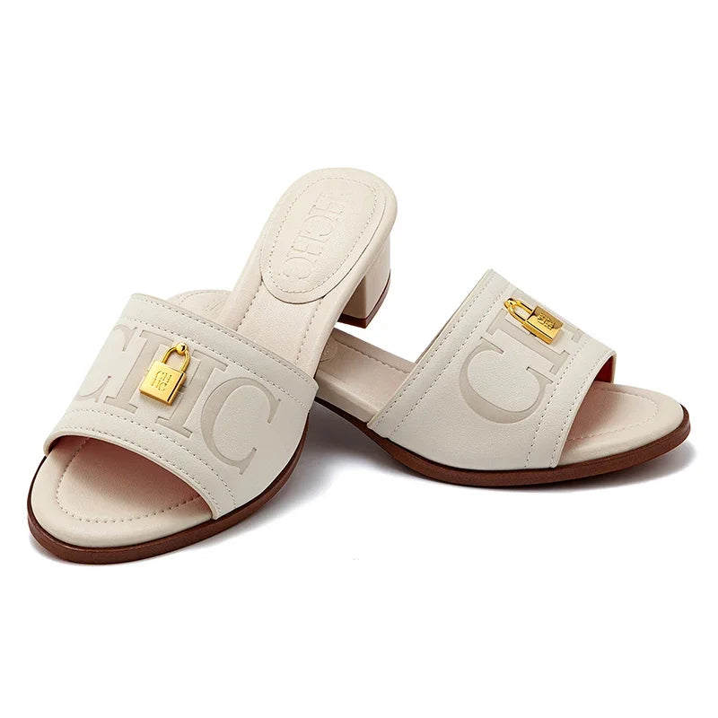 Fashion Monogram Print Elegant Design Women's Low Heeled Slippers Solid Color High Quality Metal Lock Simple Single Shoes
