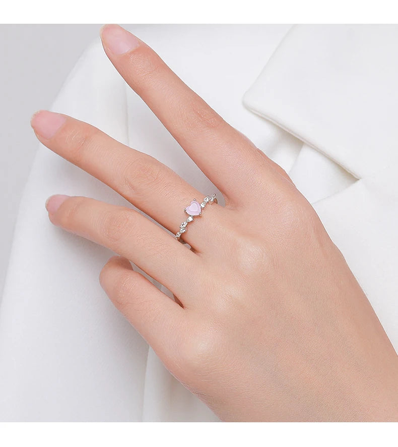 925 Sterling Silver Elegant Pink Crystal Heart Finger Rings For Women Birthday Romantic Gift Fine Jewelry Accessories