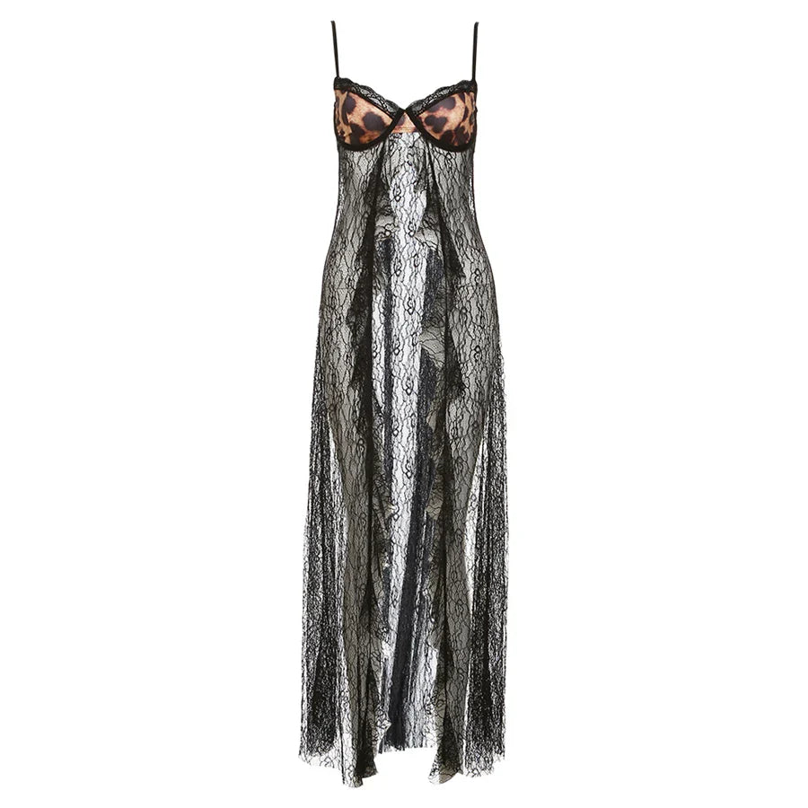 Backless Sexy Women Camisole Leopard Mesh Patchwork Ruffles Sexy Club Party Midnight Hot Girls Wild Coquette Maxi Top