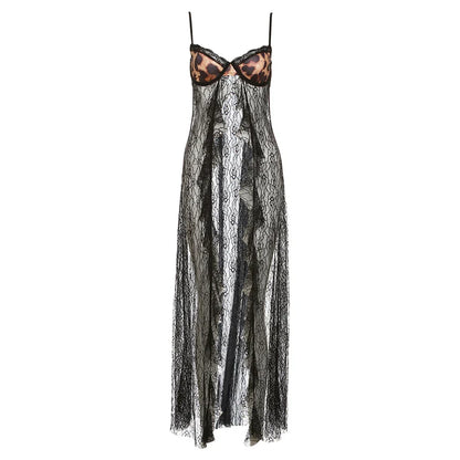 Backless Sexy Women Camisole Leopard Mesh Patchwork Ruffles Sexy Club Party Midnight Hot Girls Wild Coquette Maxi Top