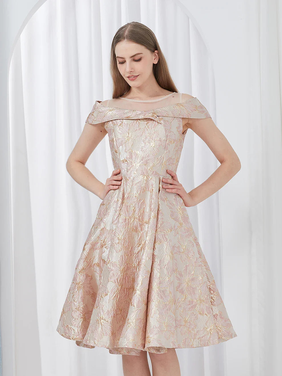 Luxury New Short Evening Dress Women Jacquard Patchwork Embroidery Party Dress Elegant A Line Floral Ball Gown Vestido