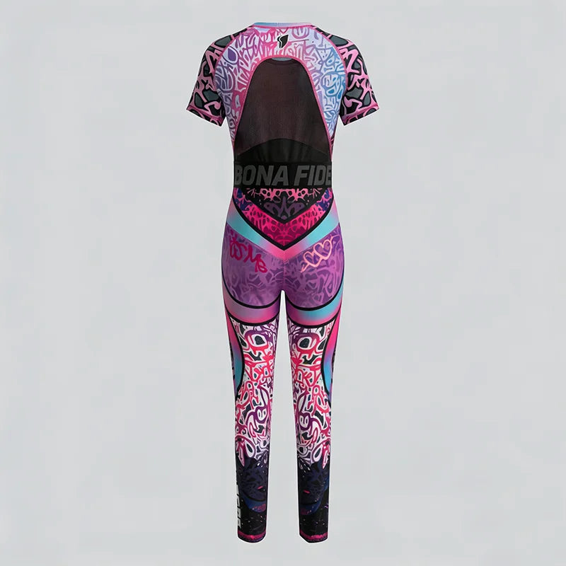 Krisnanas 2026 Sexy Streetwear Women's Activewear Set Pink Blue Gradient Graffiti Mesh Crop Top & Leggings for Yoga Pant Sets