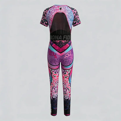 Krisnanas 2026 Sexy Streetwear Women's Activewear Set Pink Blue Gradient Graffiti Mesh Crop Top & Leggings for Yoga Pant Sets