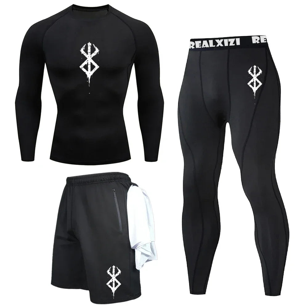 Bat Graphic Print Long Sleeve Set Men's Compression T-Shirt Shorts Pants Suit 3 Piece Set Spring Summer Gym Fitness Sportswear