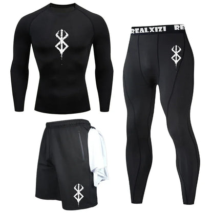 Bat Graphic Print Long Sleeve Set Men's Compression T-Shirt Shorts Pants Suit 3 Piece Set Spring Summer Gym Fitness Sportswear