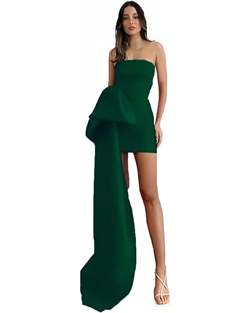 Satin Homecoming Dresses Short A Line Prom Dress Strapless Zipper Open Back Side Big Bow Mini Cocktail Gown Dance Party Dress