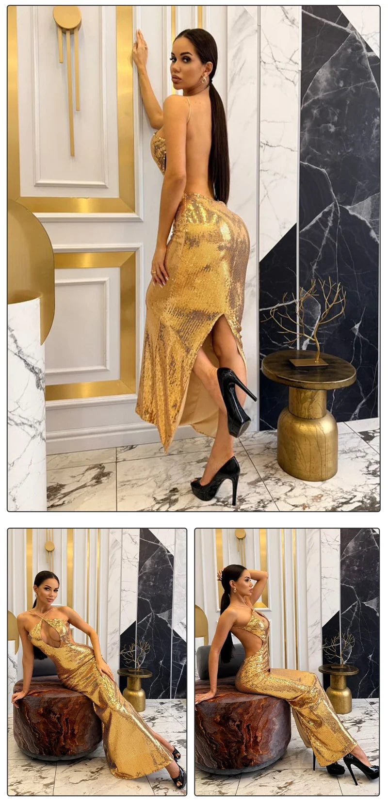 Women'S Gold Sequins Luxury Party Gown Sexy Backless  Long Dress For Wedding Banquet Party Female Clothing