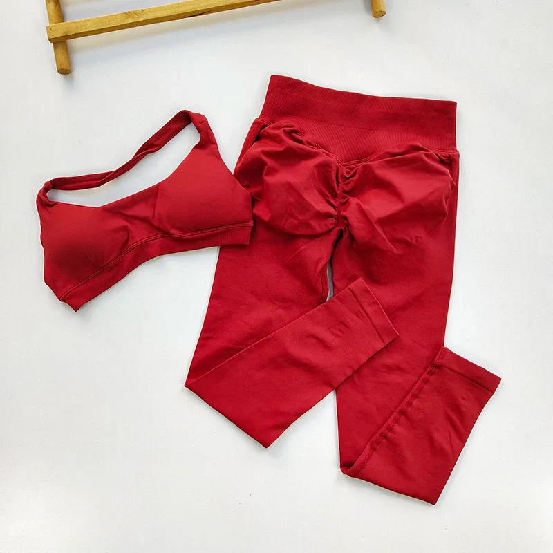 Sports Suit Women's Running 2PCS Set Seamless Yoga Thin Straps Beautiful Back Fitness Bras Gym High-waisted Peach Leggings Sets