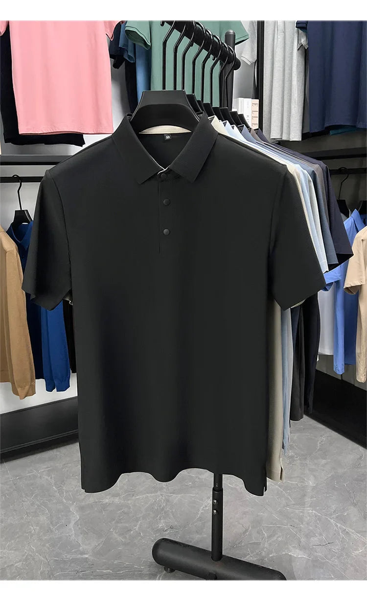Summer Short Sleeve T-Shirt - Premium Jacquard Spandex, 7A Antibacterial, Seamless, Contrast Color, Split Hem, Wrinkle-Free Polo
