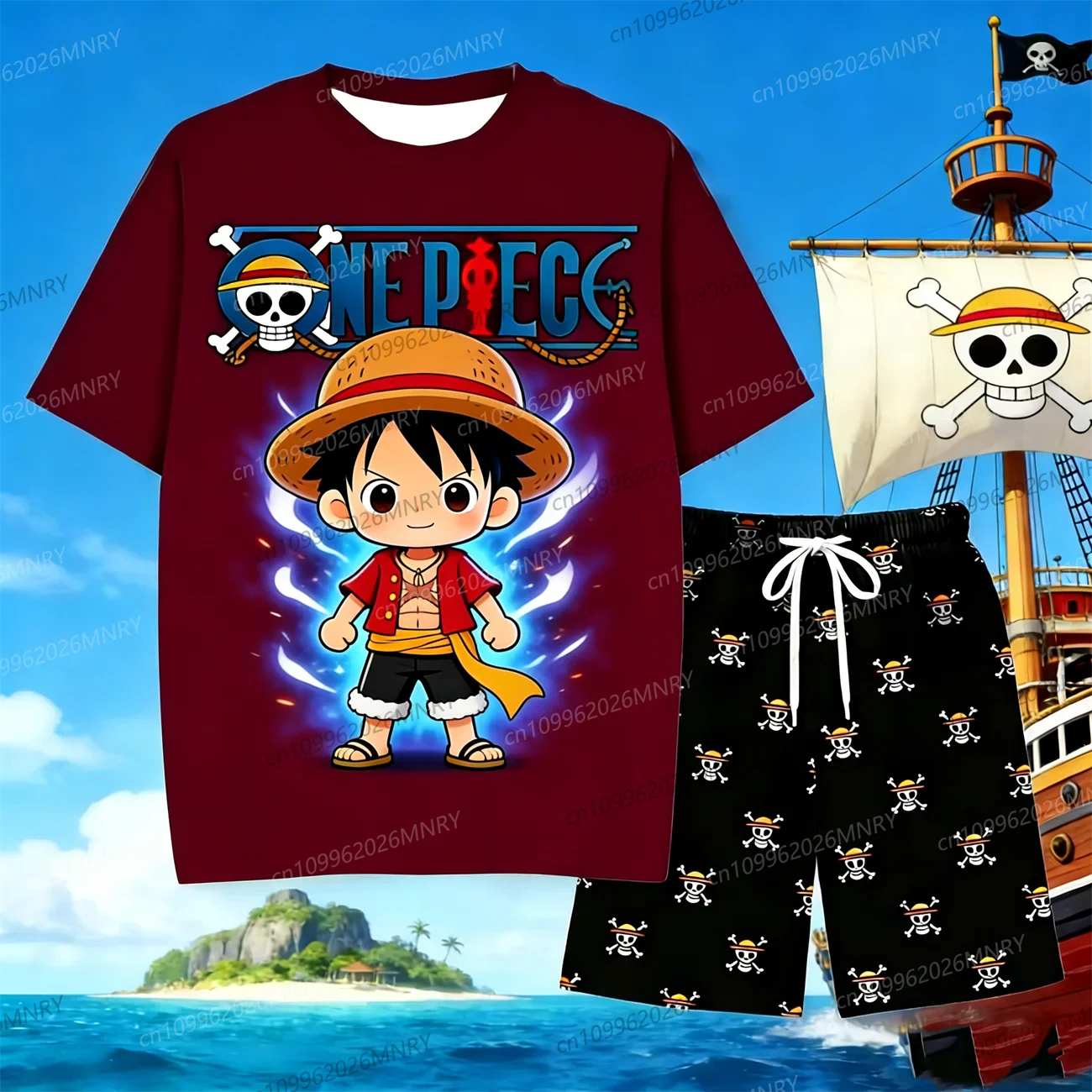 Anime Skull Character Sleepwear One Piece Luffy 2 piece Set men T-Shirt Shorts for Men's Shirts Woman t-shirts Summer Kids Set