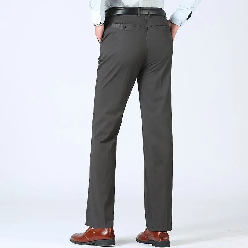 Summer Thin 100% Cotton Pants Mens Autumn Thick Suit Pant Slacks High Waist Straight Loose Bland Solid Business Casual Pants