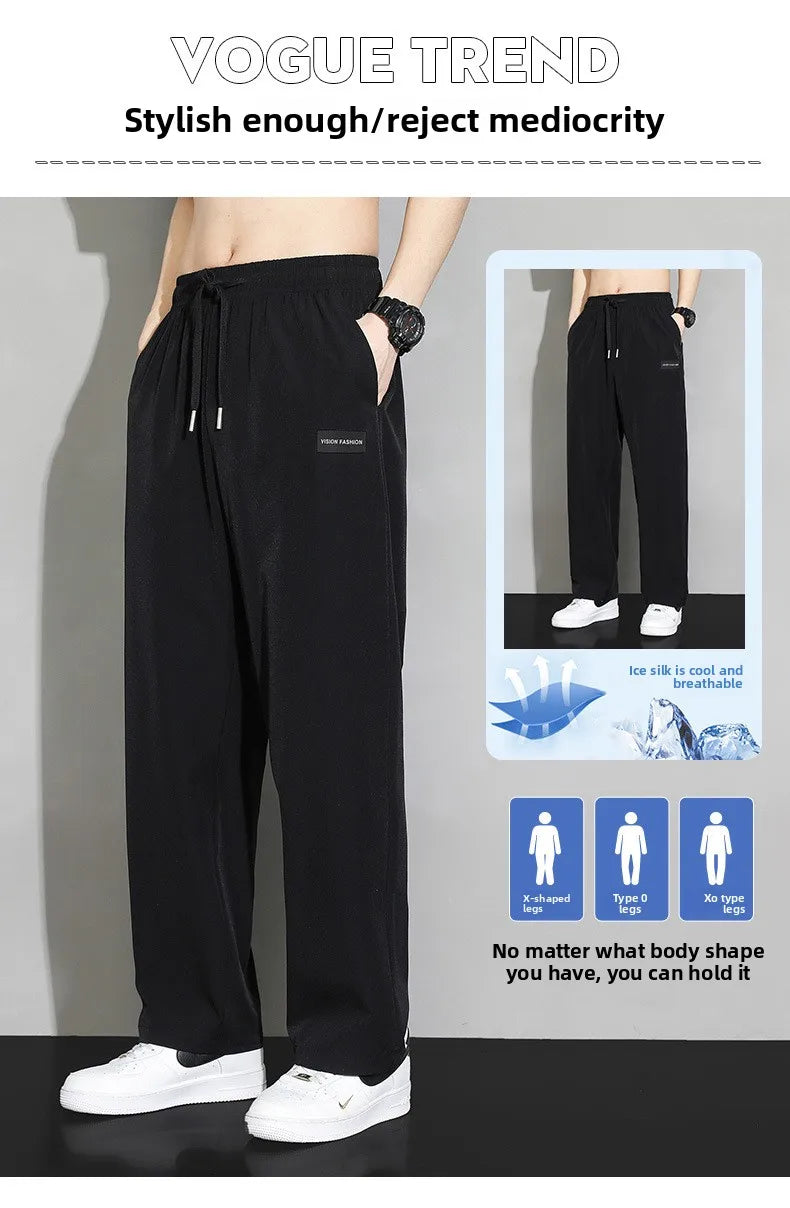 Men Drawstring Casual Pants Loose Drape Wide-leg Athleisure Pants Men Summer Thin Quick-drying Trousers Ice Silk Straight Pants