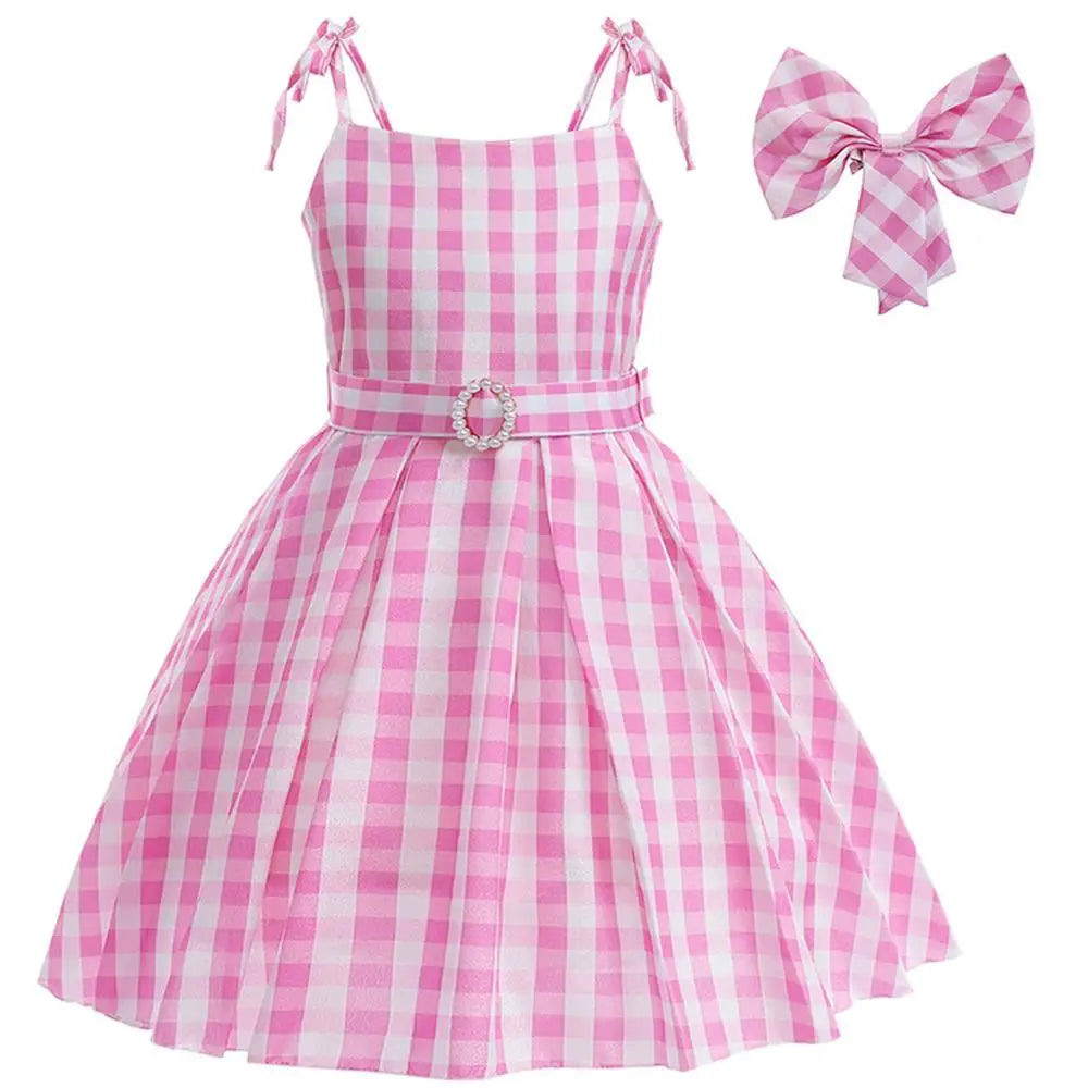 Girl Cosplay Costume Children's Summer Sweet Pink Plaid Dresses Party Princess Dress Casual Clothing 4-13 Years Old
