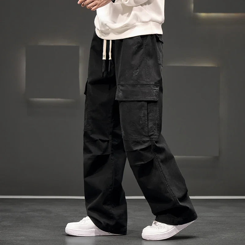 Autumn New Wide Leg Pocket Cargo Pants Men Trousers Neutral Loose Casual Cotton Straight Outdoor Fashion Pants Big Size 8xl