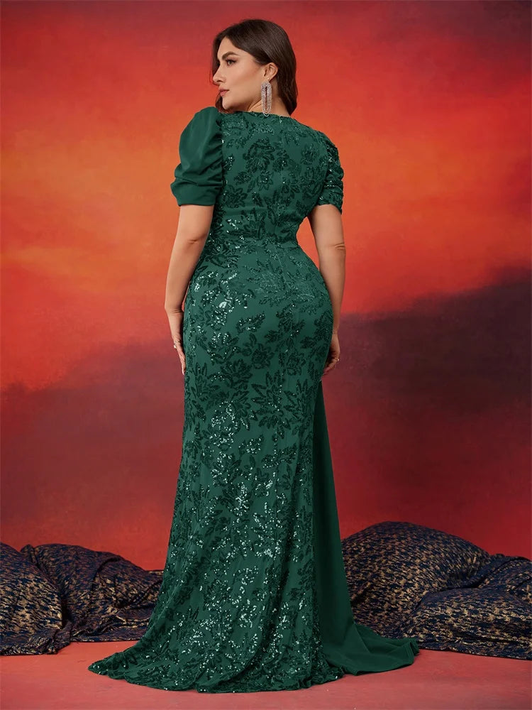 Plus Size Elegant V-neck Sequins Evening Dress Women Short Sleeves Mermaid Formal Luxury Party Streamer Prom Dress