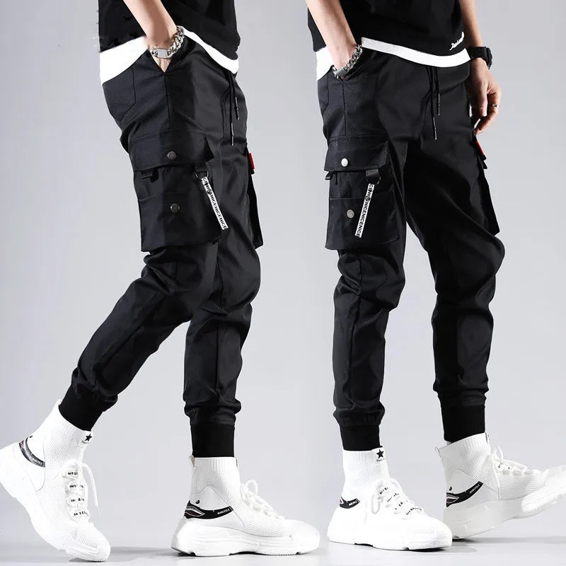 2025 New Men's Cargo Pants Casual Hip Hop Hit Color Multiple Pockets Trousers Streetwear Ribbons Techwear Sweatpants ﻿