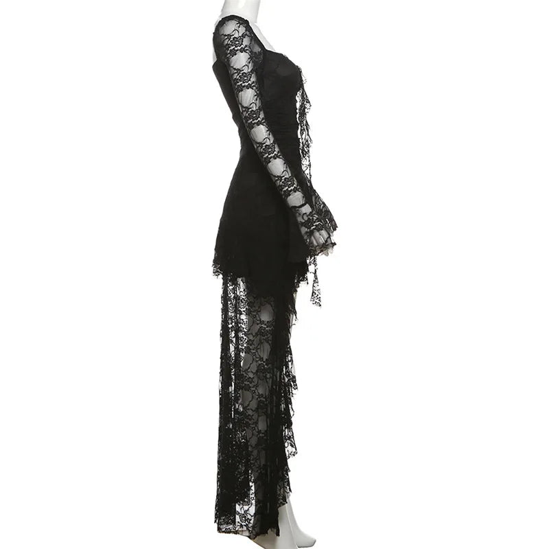 Lace Flare Sleeve Square Neck A-line Dress Sweet E-girl Irregular Long Hem Dresses Cyber Y2K Party Vestido
