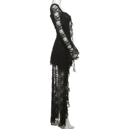 Lace Flare Sleeve Square Neck A-line Dress Sweet E-girl Irregular Long Hem Dresses Cyber Y2K Party Vestido