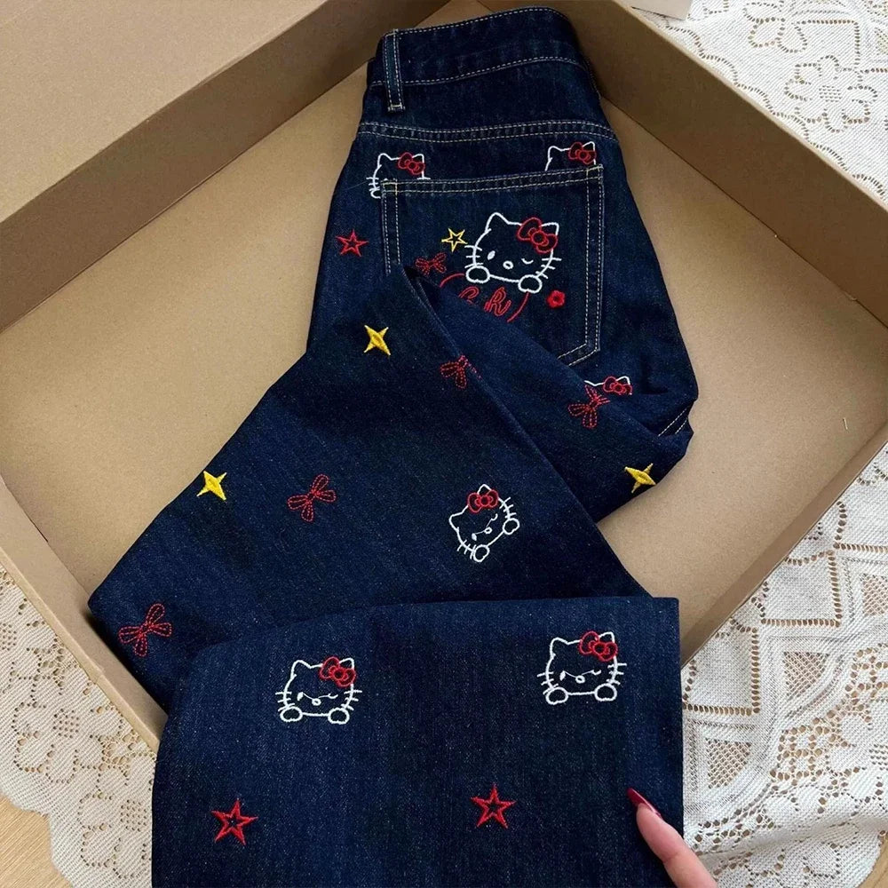 American Style Y2K Hello Kitty Denim Pants Sanrios Anime Girls Jeans Kawaii New Women Summer Cat Embroidered Slim Straight Pants