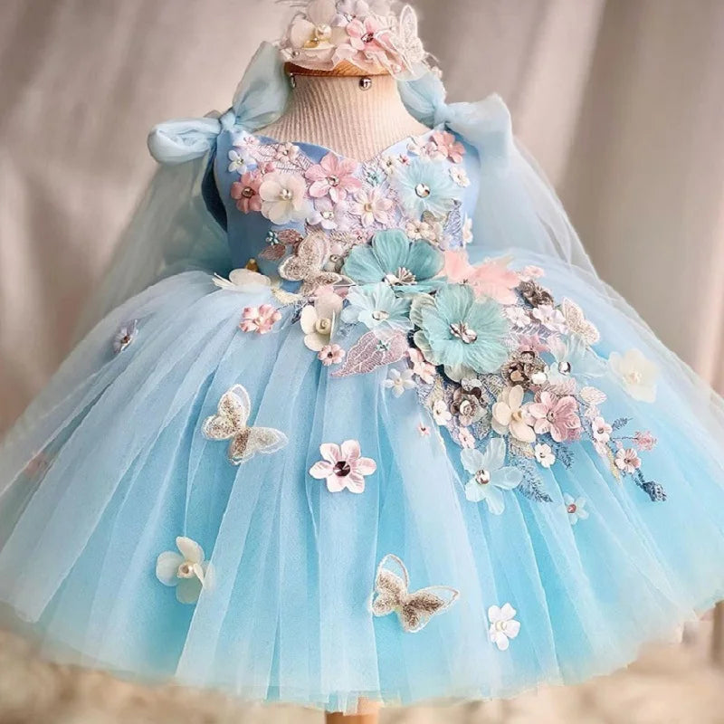 Vestido de princesa infantil borboleta com asas de malha fofa para meninas de 2 a 6 anos, vestido elegante para festa de aniversário com flores