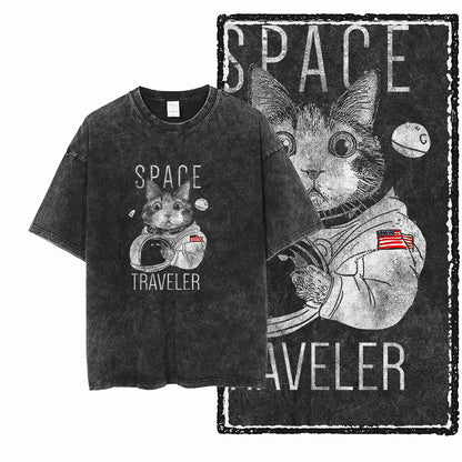cat Printed Cotton Acid Washed Exclusive Graphic Unisex T Shirt Cool Streetwear Men Tshirts Big Size Tee for men