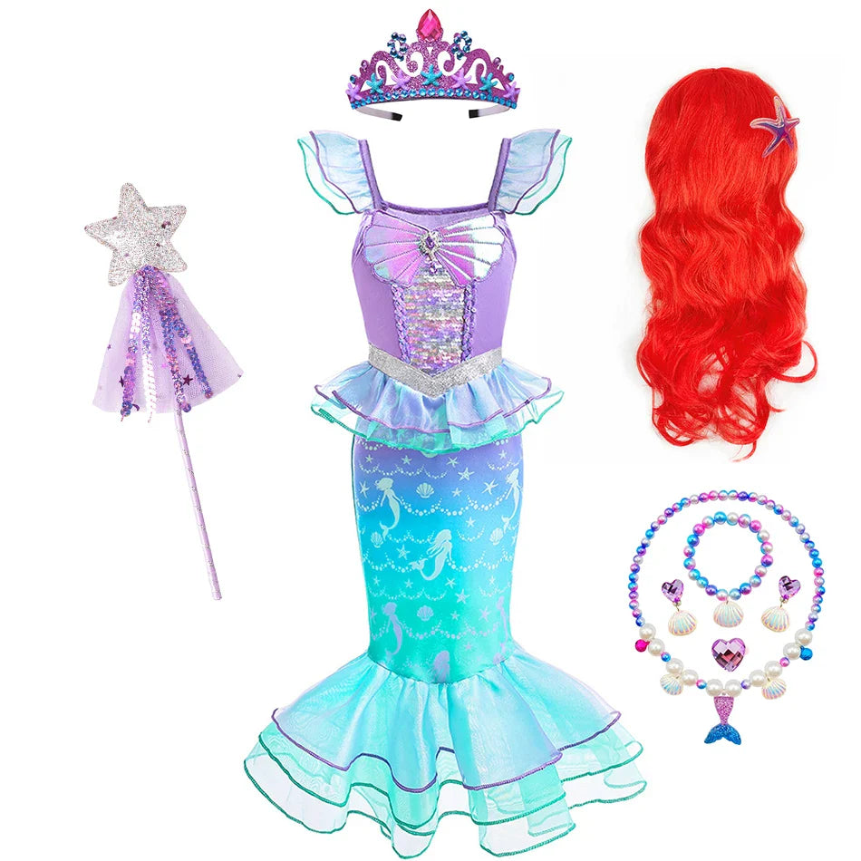Halloween Costume Mermaid Dress Girl Ruffles Shell Fishtail Frocks Ariel Fantasy Luxury Princess Gown Children Fancy Fairy Dress