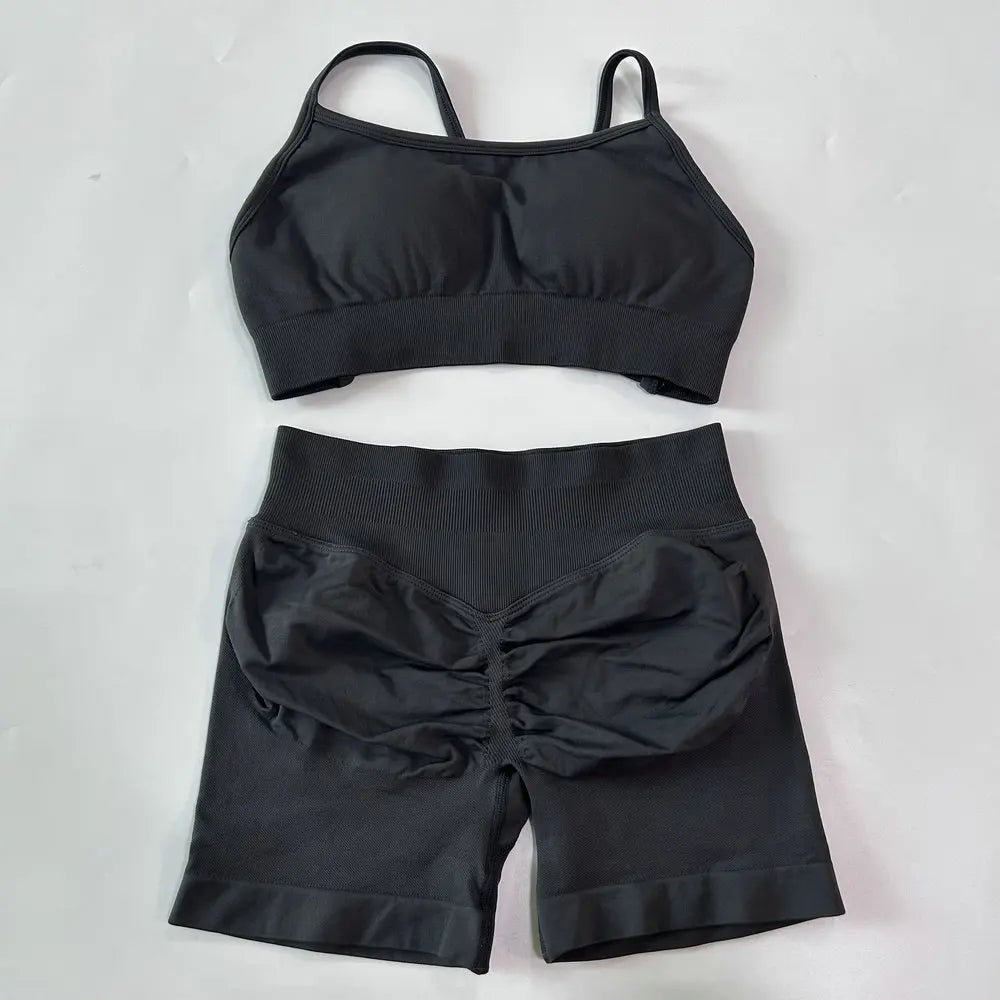 No Logo Women 2 Pieces Yoga Set Cross Straps Bra Beautiful Back Tops High Waist Sport Short Scrunch Bum Workout Short Gym Suit