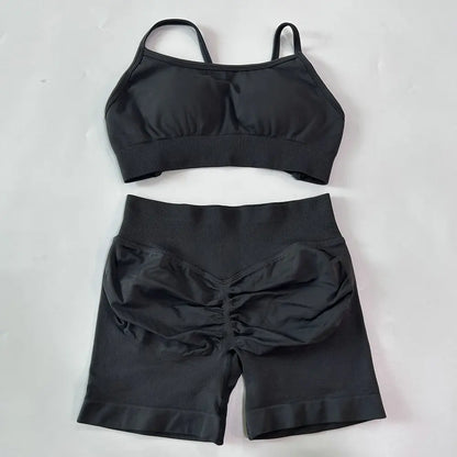 No Logo Women 2 Pieces Yoga Set Cross Straps Bra Beautiful Back Tops High Waist Sport Short Scrunch Bum Workout Short Gym Suit