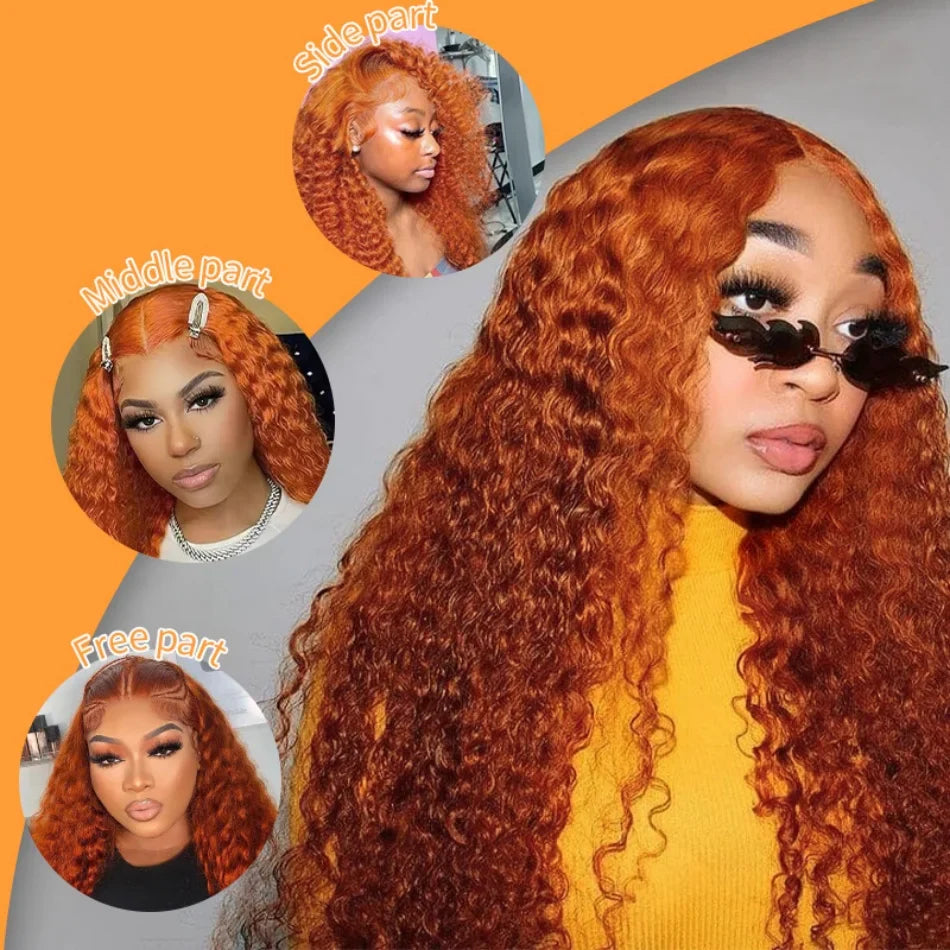 30Inch Orange Ginger Water Wave Lace Front Wigs 13x4 13x6 #350 Colored Wigs Brazilian Human Hair Deep Wave Curly Wigs 260Density