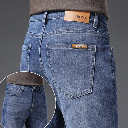 Calça Jeans Masculina Coreana Macia Elástica Slim Fit Negócios Casual Reta Jeans Clássica Marca Azul Lavado Cinza
