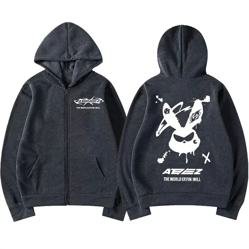 Ateez The World Ep. Fin Will Album Tour 2024 Zipper Hoodies Men Women Korean Fashion Zip Up Sweatshirt Casual Jacket Hoodie Tops
