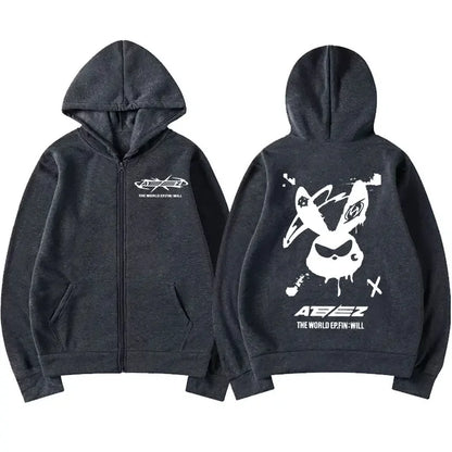 Ateez The World Ep. Fin Will Album Tour 2024 Zipper Hoodies Men Women Korean Fashion Zip Up Sweatshirt Casual Jacket Hoodie Tops