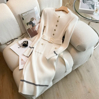 Autumn Winter Women Knitted Dress Brand Fashion O-neck Buttons Bodycon Sweater Dress with Belt Lady Office Dress