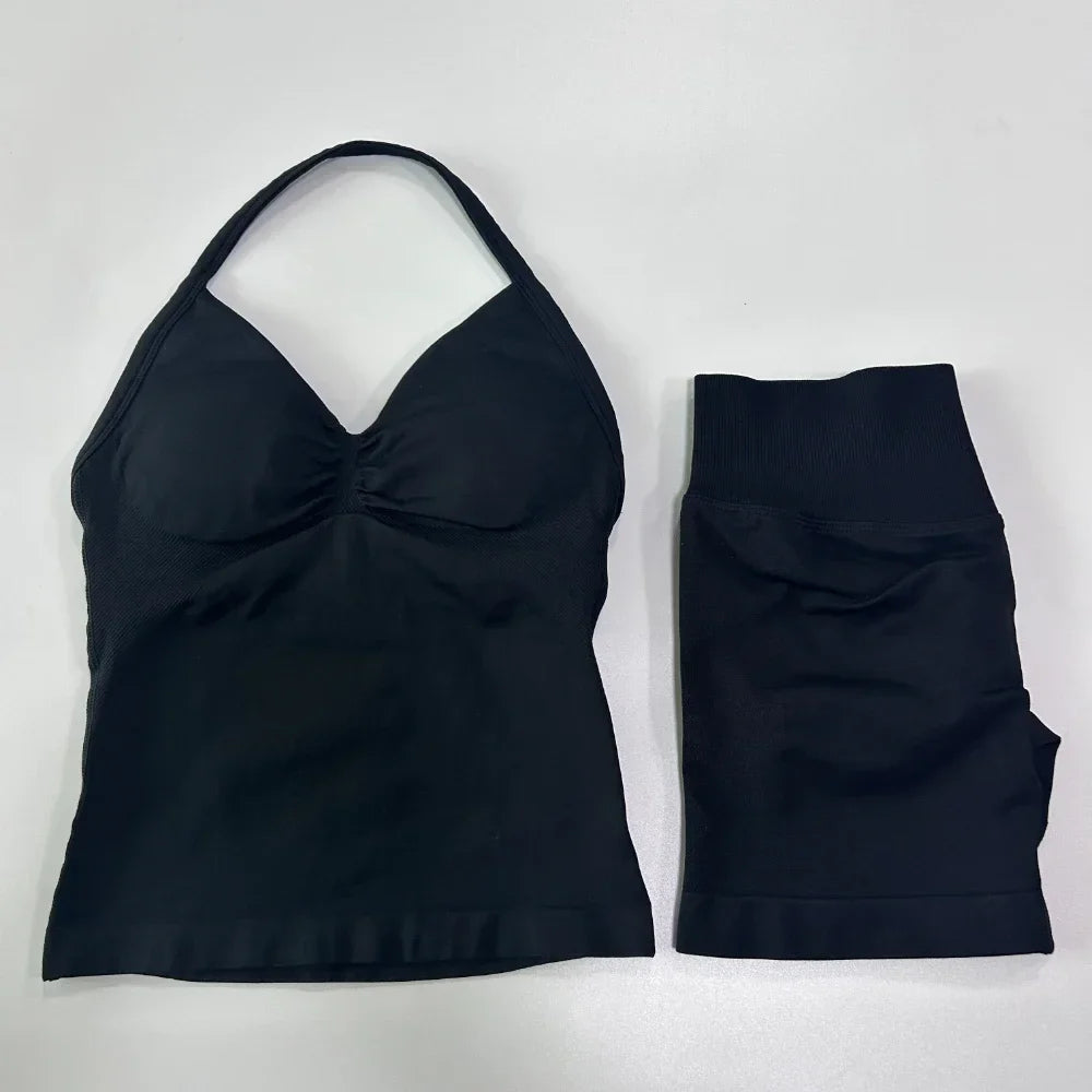 No Logo 2 Pieces Sports Set Workout Clothes Shorts Sets Gym Strappy Top Scrunch Shorts Yoga Clothing Gym Set