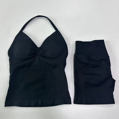 No Logo 2 Pieces Sports Set Workout Clothes Shorts Sets Gym Strappy Top Scrunch Shorts Yoga Clothing Gym Set