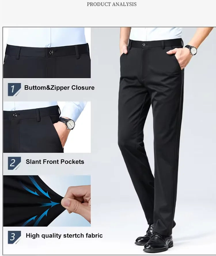 2026 Mens Regular Fit Dress Pants Casual Business Flat Front Trouser Male Wrinkle Free Comfort Stretch Pants