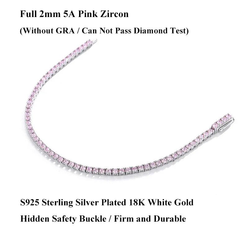 Full 2mm Violet Pink Blue White 5A Zircon Tennis Bracelet for Woman S925 Silver High Carbon All Colored Gemstone Bracelets