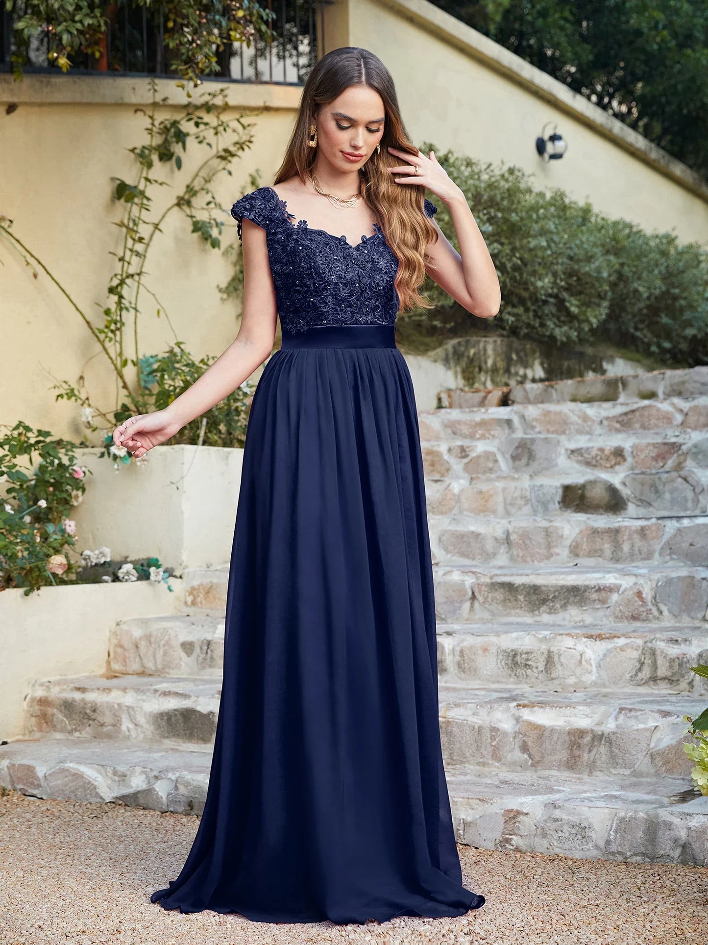 A-line V Neck Sleeveless Floral Lace Chiffon Back Hollow Long Paty Bridesmaid Dress Women 2024 For Wedding Sexy Evening Dress