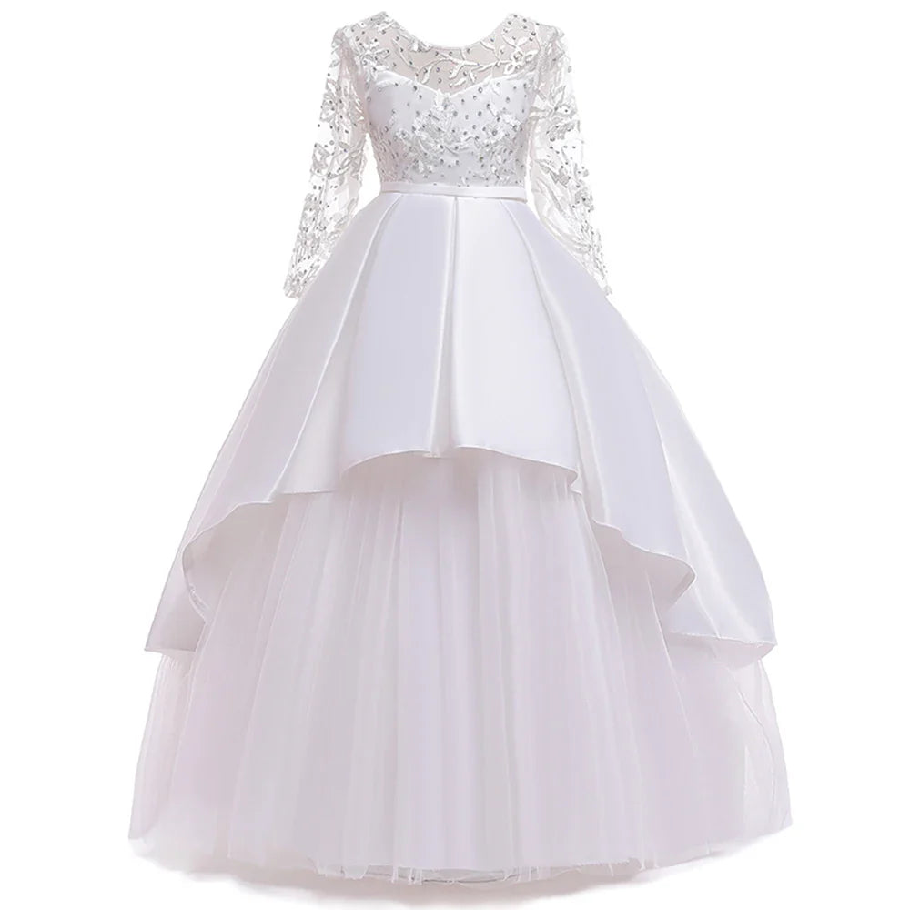 Teens Sequin Bridesmaid Girls Party Dress Long Sleeve First Communion Gown Wedding Party Princess Dresses Bow Christmas Costumes