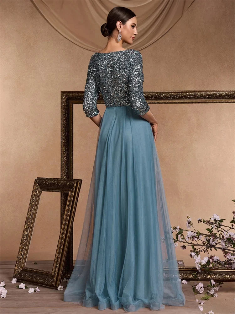Luxury Floor Length V-Neck Evening Dress 2025 Women Elegant Party Maxi Dress Sequin Short Sleeves Prom Cocktail Gown