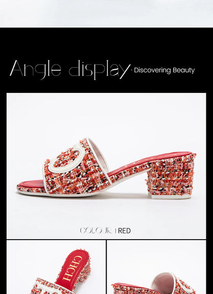 Middle heel square heel slippers fabric fashion casual shoes luxury brand slippers girls street commuter slippers