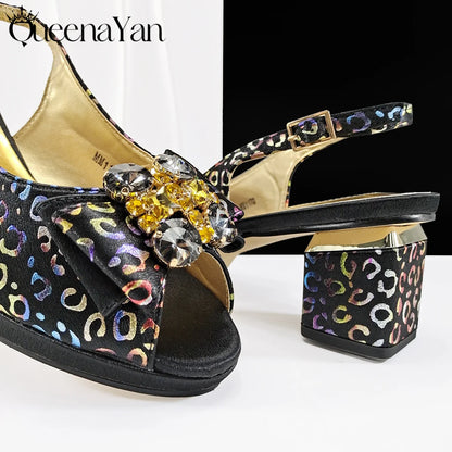 Shiny Italian Fashion Pointed Toe Women Heel Fashion Rhinestone Decoration Pink Color Shoes And Bag Set
