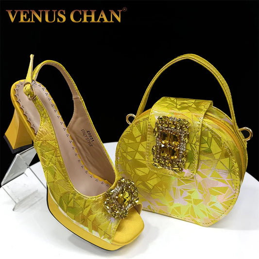 Women's Elegant Yellow High Heel Shoe and Matching Bag Set with Rhinestone Accents – Stylish Square Toe Design for Parties
