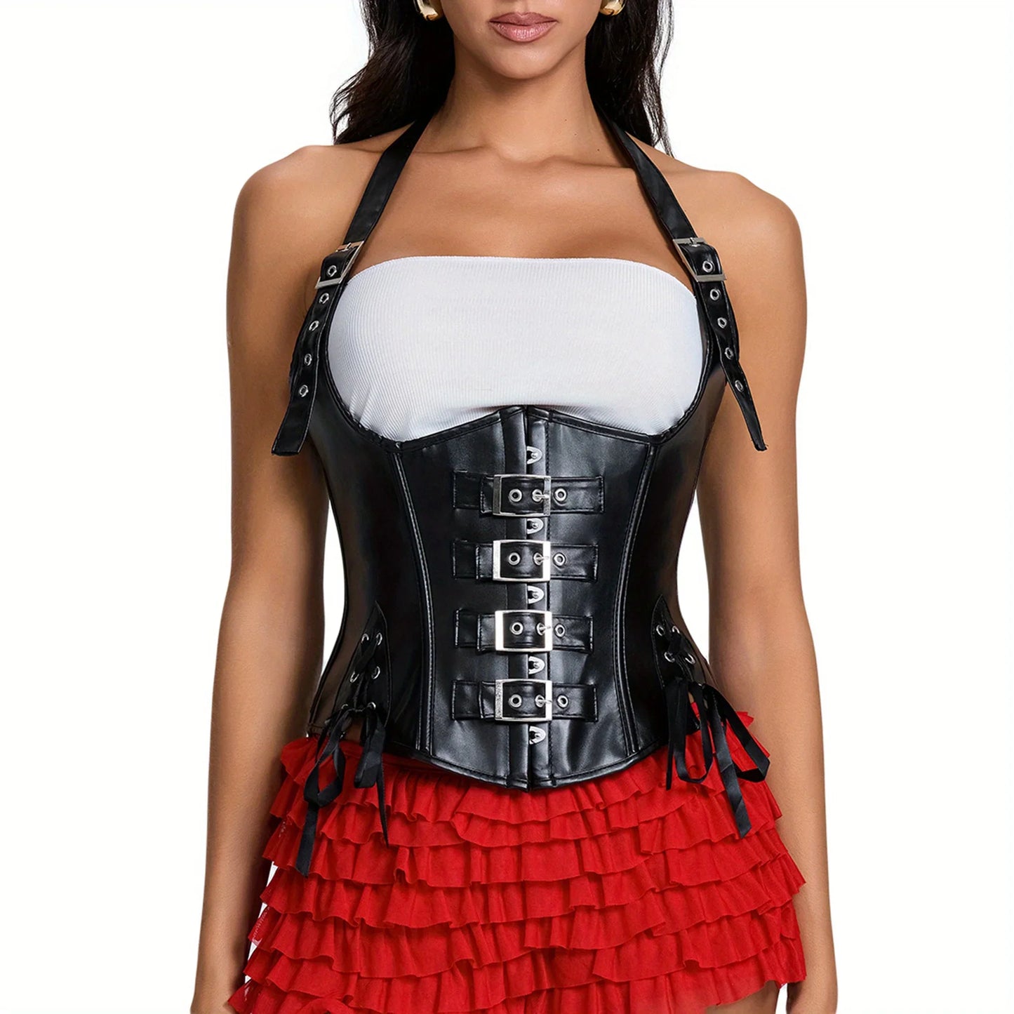 PU Leather Corset Sexy Steampunk Corset Top Halter Corselet Shapewear Women Tummy Control Bustier Lace Up Halloween Costume