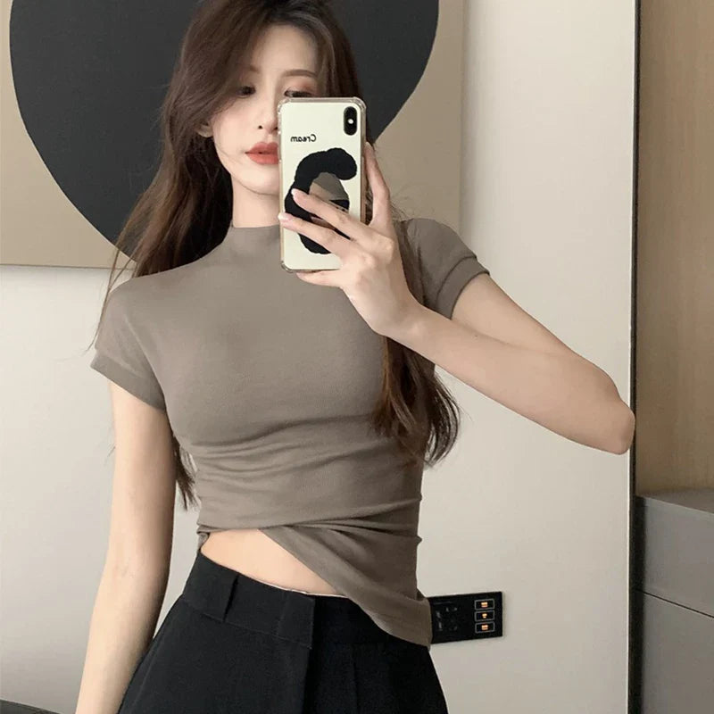1pcs Girls Summer Solid T-shirts Womens Classic Basic Fashion Tees New Students Short Sleeve Slim Tops Females Mock Neck Tshirts