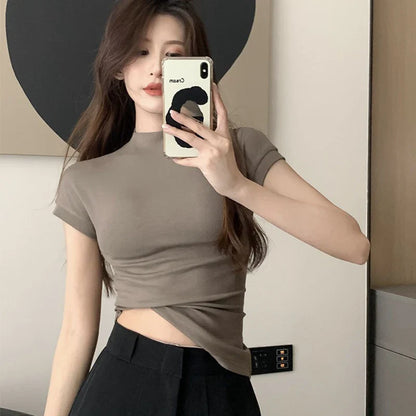 1pcs Girls Summer Solid T-shirts Womens Classic Basic Fashion Tees New Students Short Sleeve Slim Tops Females Mock Neck Tshirts