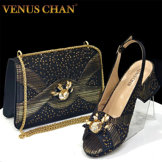 Luxurious Italian Women's Party Shoe and Bag Set – Elegant Black Rhinestone Peep-Toe High Heels Sandals for Weddings