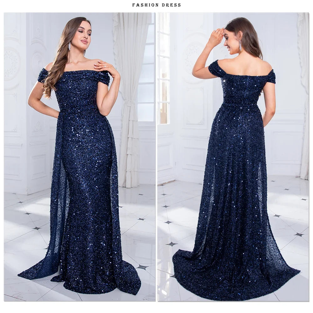 Navy Blue Slash Neck Off Shoulder Prom Gown Sequin Detachable Train Mermaid Evening Party Dresses Cocktail Dress 2025